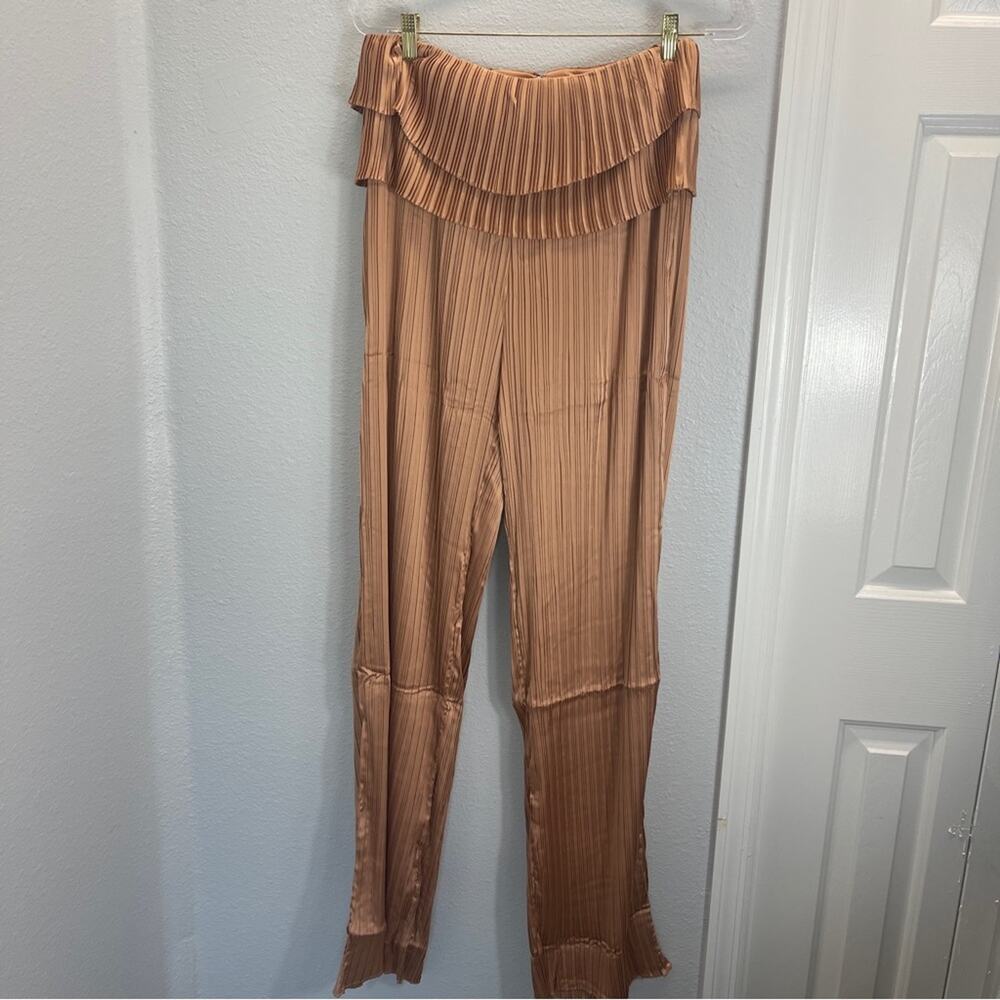 Andrea Iyamah Linea Toffee Pleated Wide-Leg Pants Peplum Waist - Picture 2 of 13